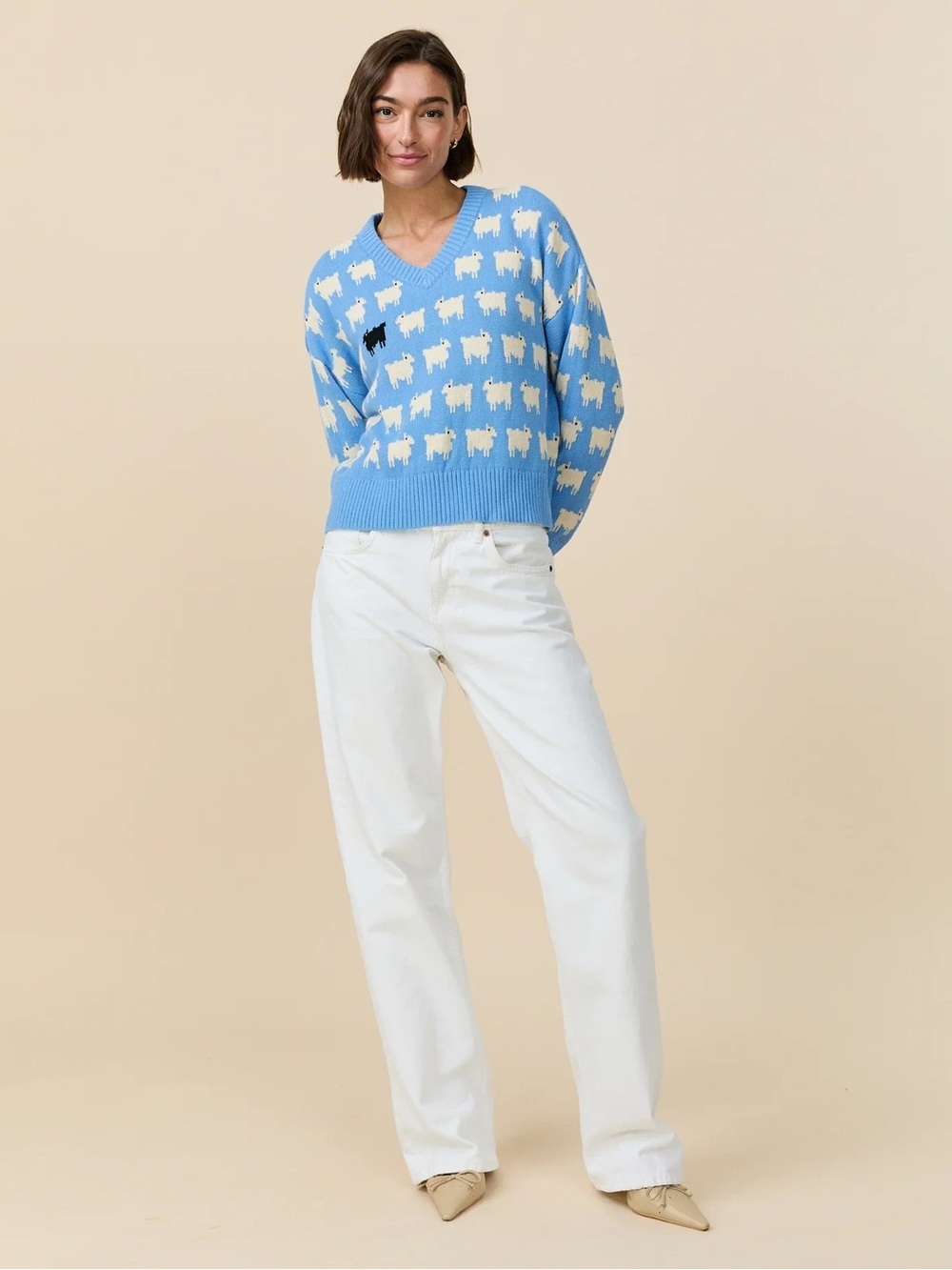 NWT Rowing Blazers Warm & Wonderful Diana Cotton Linen V-Neck Sheep Sweater Blue - Picture 3 of 10